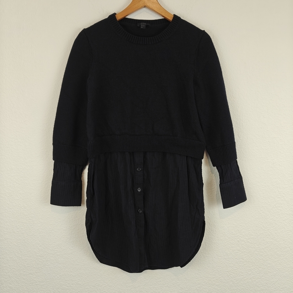 COS Wool Blend Layered Tunic Sweater Button Long Sleeve Navy Blue Size Small